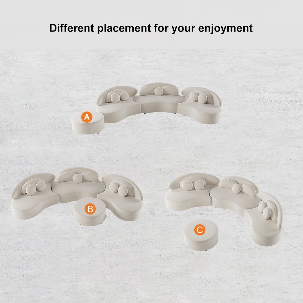 Set of modular furniture pieces on a textured surface with text 'Different placement for your enjoyment'.