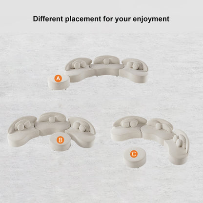 Set of modular furniture pieces on a textured surface with text 'Different placement for your enjoyment'.