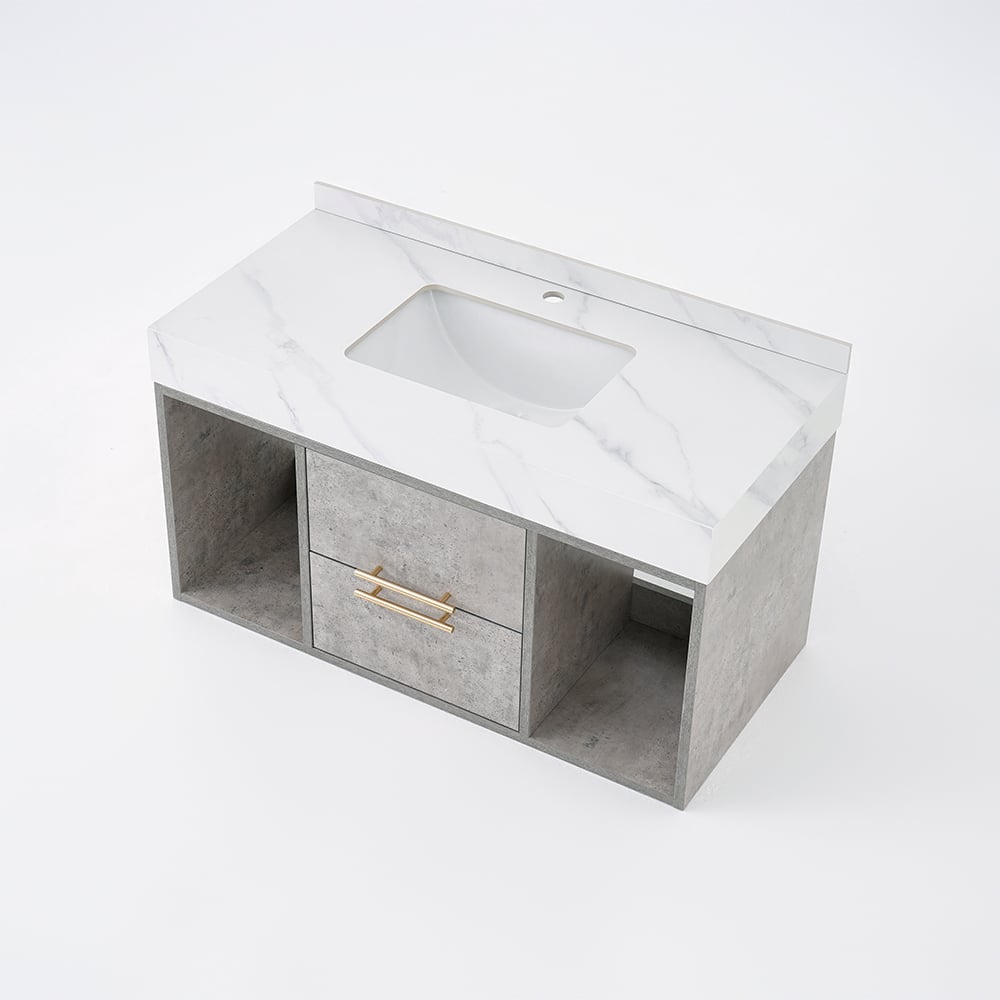 Bathroom vanity with white countertop and concrete-like base on a white background