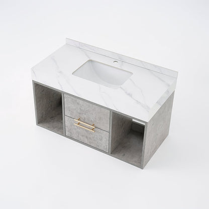 Bathroom vanity with white countertop and concrete-like base on a white background