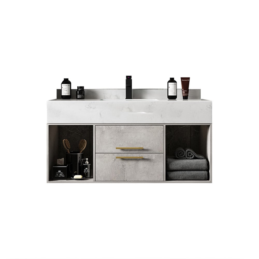 Bathroom vanity with storage compartments and toiletries on a white background
