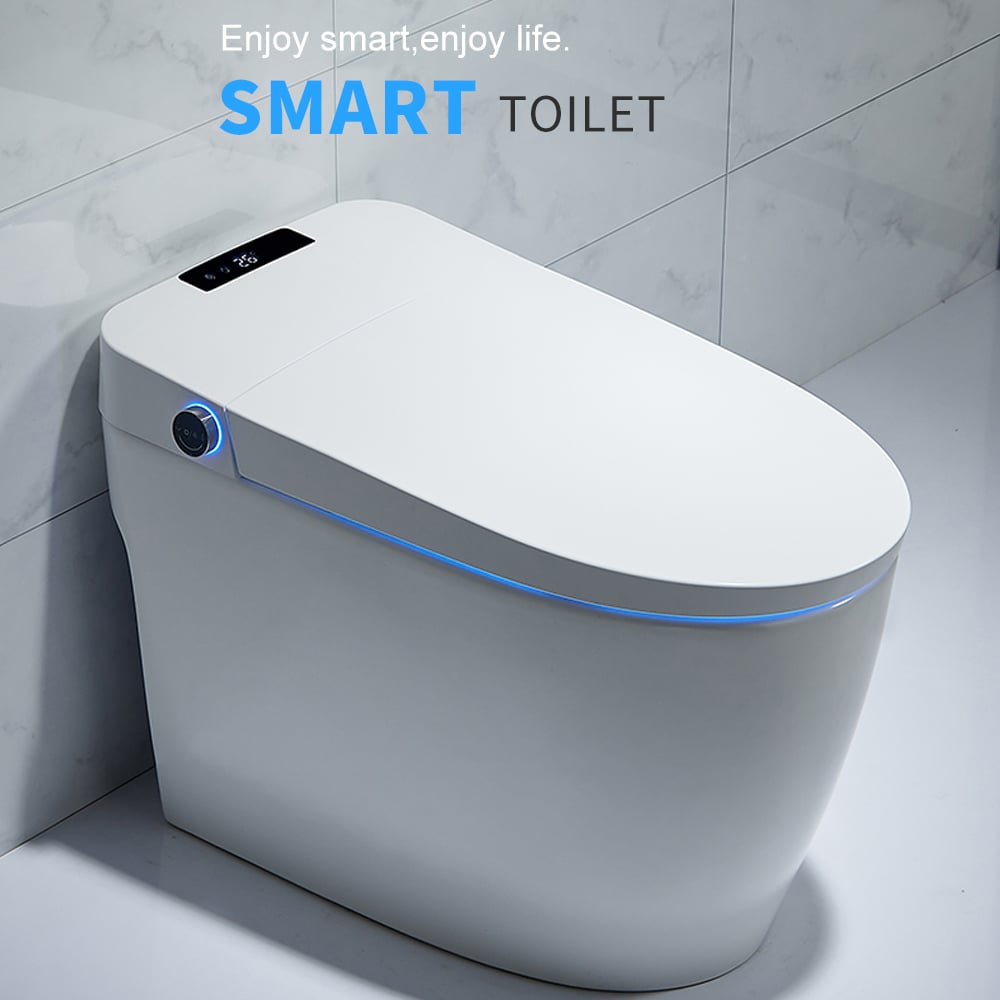 Smart toilet with digital display and blue light on a tiled bathroom wall.