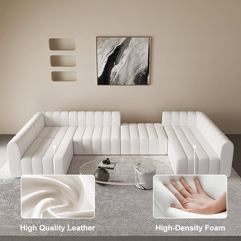 White sectional sofa in a living room with close-ups of high-quality leather and high-density foam.