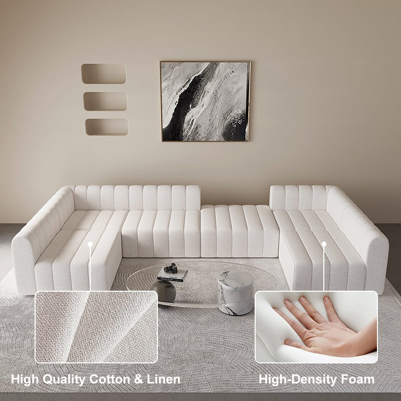 White sectional sofa in a living room with high-quality cotton and linen texture and high-density foam inset.