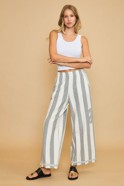 Peace Sign Patch Striped Wide Leg Pants
