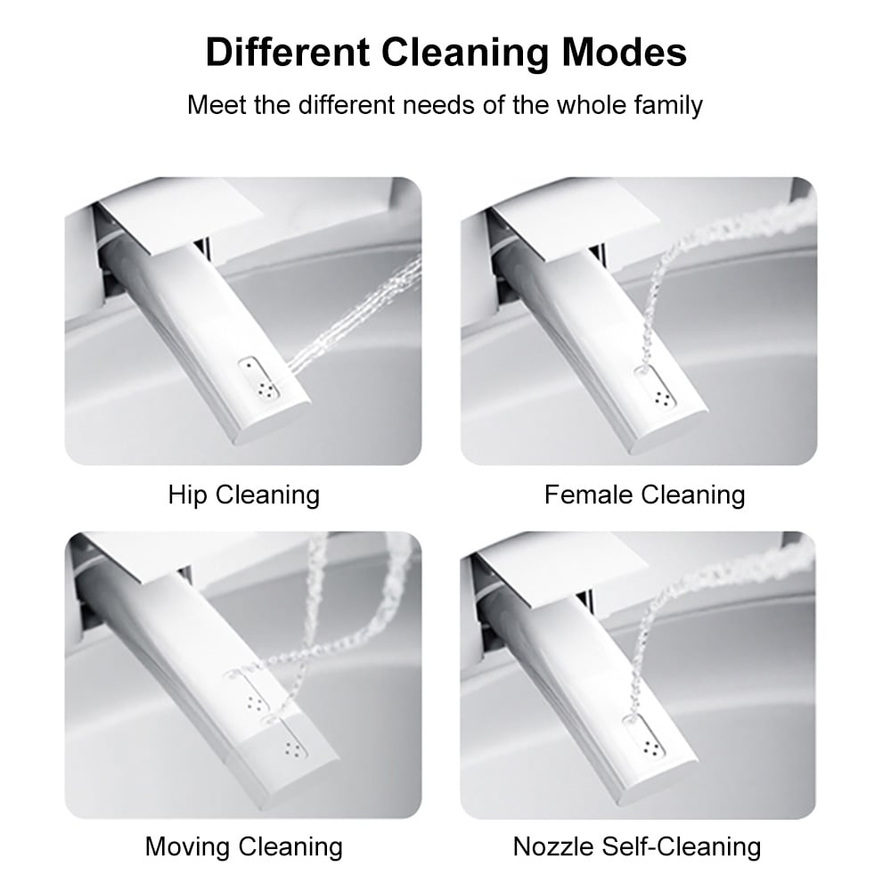 Four different cleaning modes of a shower head system on a white background.