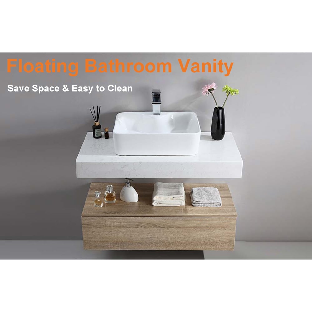 Bathroom Vanity Set 35.4" Modern Floating Bathroom Vanity White and Natural with Sink