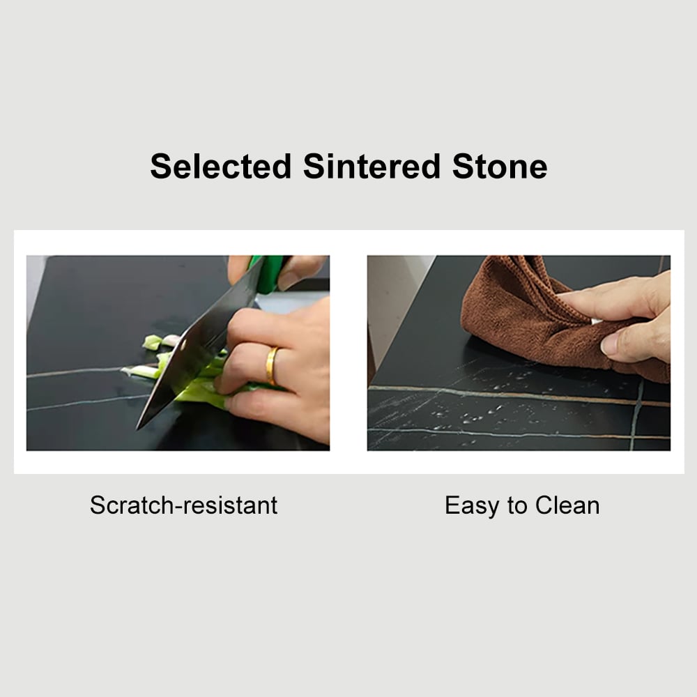 Two images showing a sintered stone surface with a knife and a cloth, labeled 'Scratch-resistant' and 'Easy to Clean'.