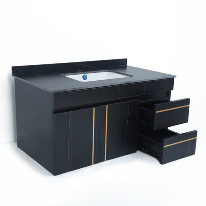 Black bathroom vanity with open drawer on a white background
