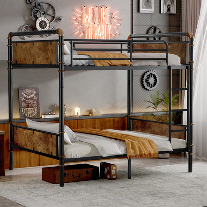 IronLoft™ – Twin XL Over Twin XL Metal Bunk Bed with Rustic Wood