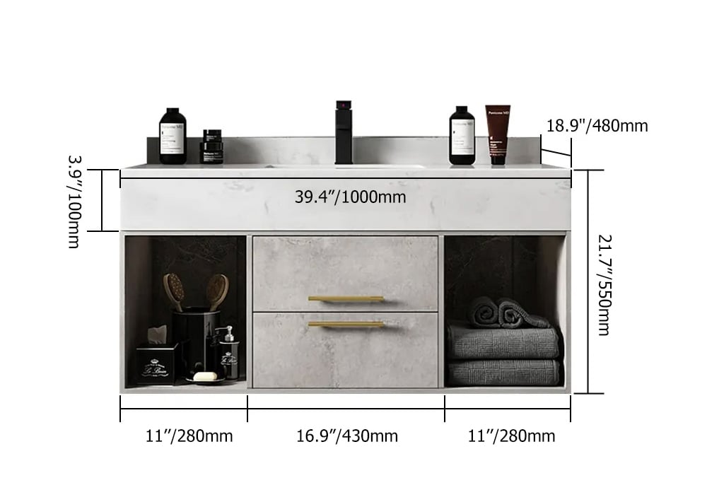 Bathroom vanity with dimensions labeled on a white background