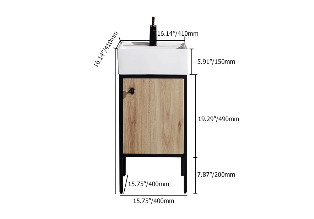 Measurement chart of a bathroom vanity with dimensions labeled
