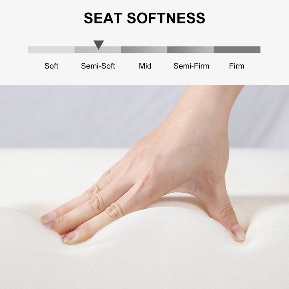 Hand pressing into a mattress to demonstrate seat softness with a scale labeled from Soft to Firm.
