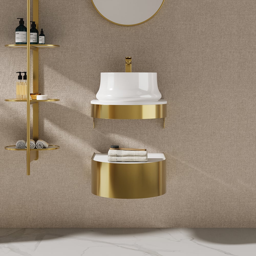 Bathroom setup with gold wall-mounted shelves and sink against a beige wall.