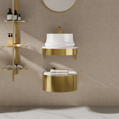 Bathroom setup with gold wall-mounted shelves and sink against a beige wall.