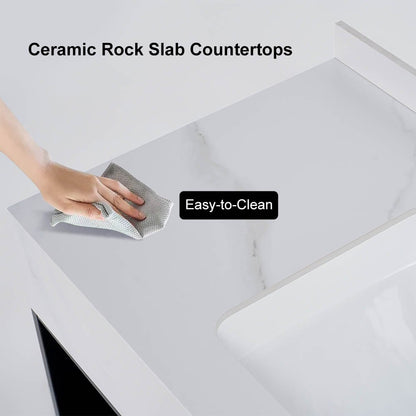 Person cleaning a ceramic rock slab countertop with a cloth, labeled 'Easy-to-Clean'.