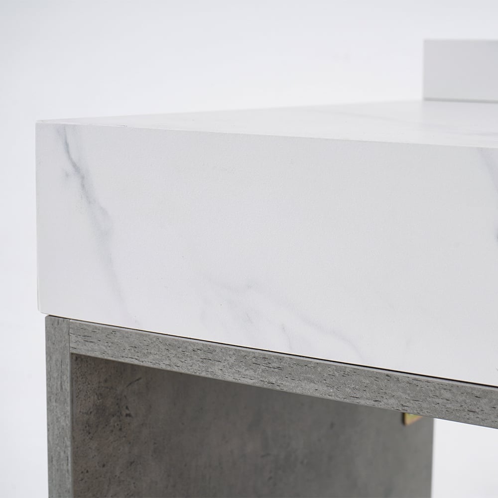White marble countertop with a concrete base on a white background