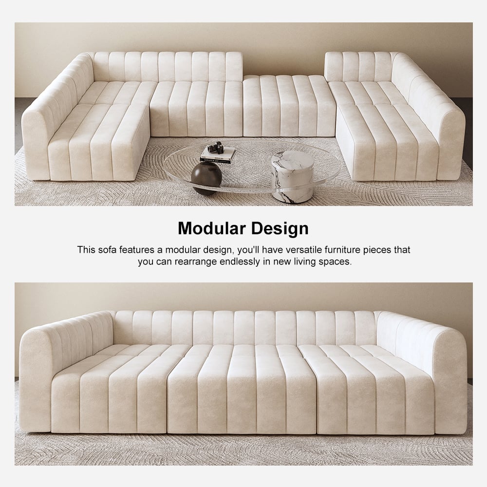 Modular off white sofa with a coffee table in a living room setting, featuring text about its design.
