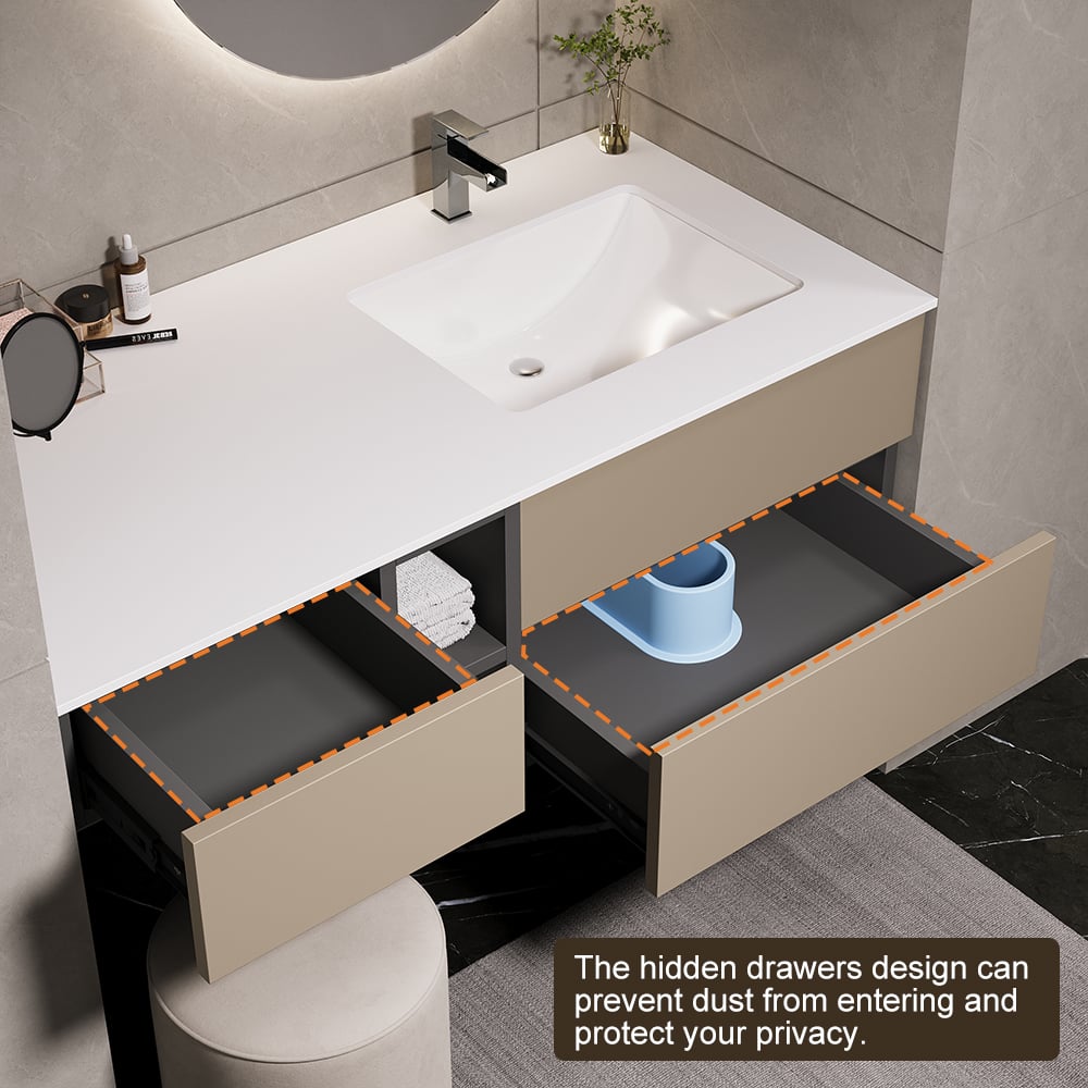 40" Modern Floating Bathroom Vanity Set with Single Sink & a Makeup Countertop in Khaki