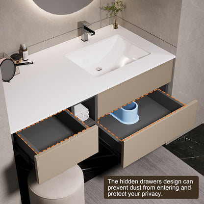 40" Modern Floating Bathroom Vanity Set with Single Sink & a Makeup Countertop in Khaki