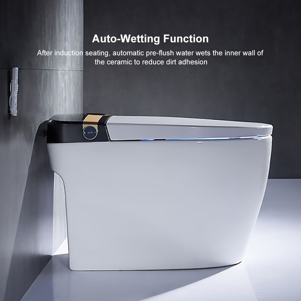 Modern toilet with auto-wetting function feature highlighted on a dark background