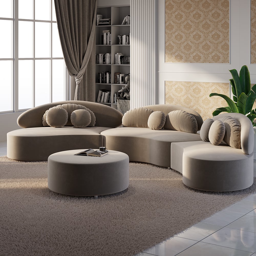 Modern living room with khaki sectional sofa and round ottoman.