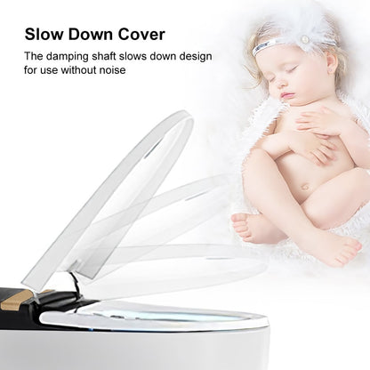 Baby lying next to a robot vacuum cleaner with text about a 'Slow Down Cover'.