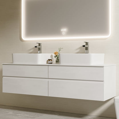 60" Floating Bathroom Vanity Set with Faux Marble Top & Ceramic Vessel Sink