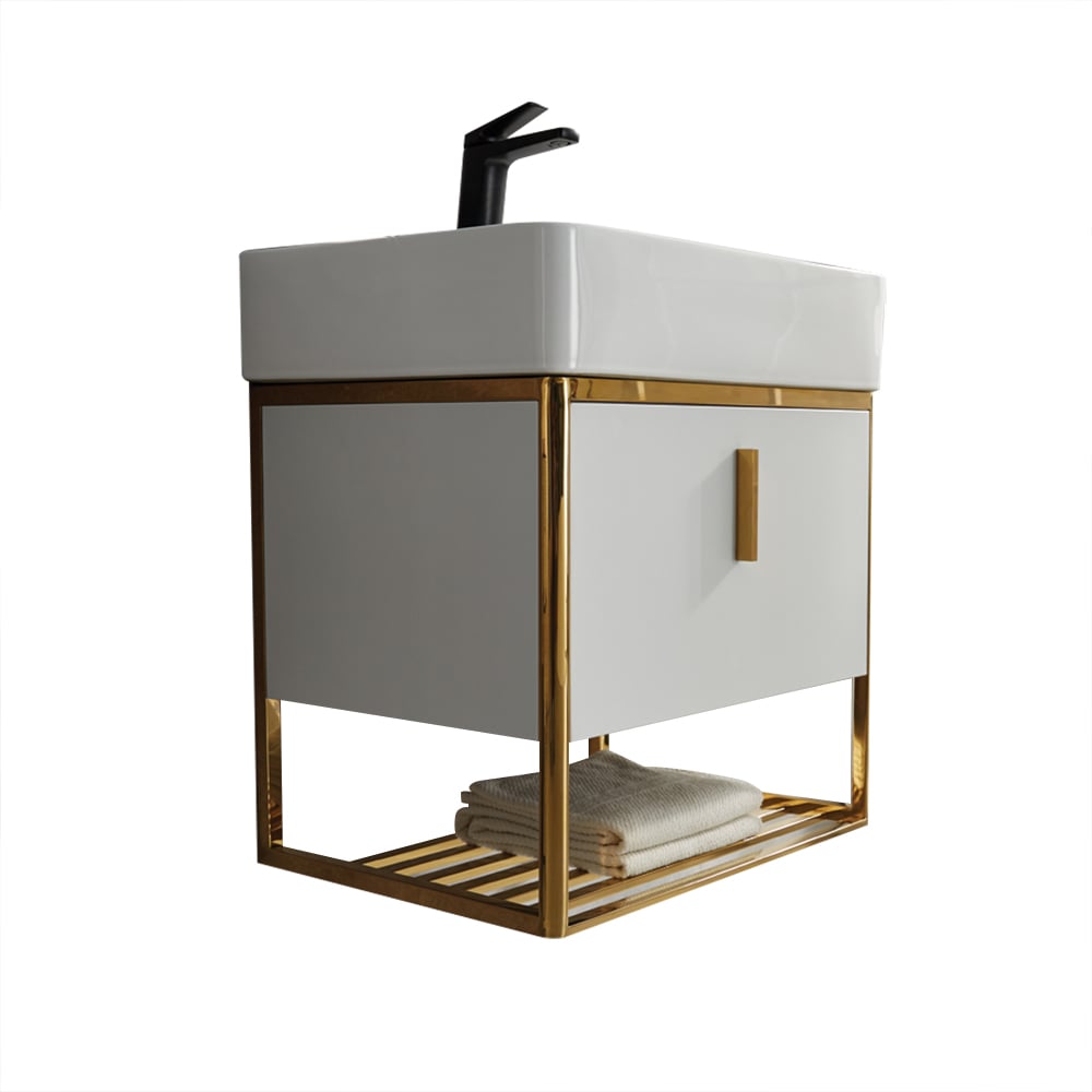 Bathroom vanity with white sink and gold frame on a white background