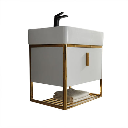 Bathroom vanity with white sink and gold frame on a white background