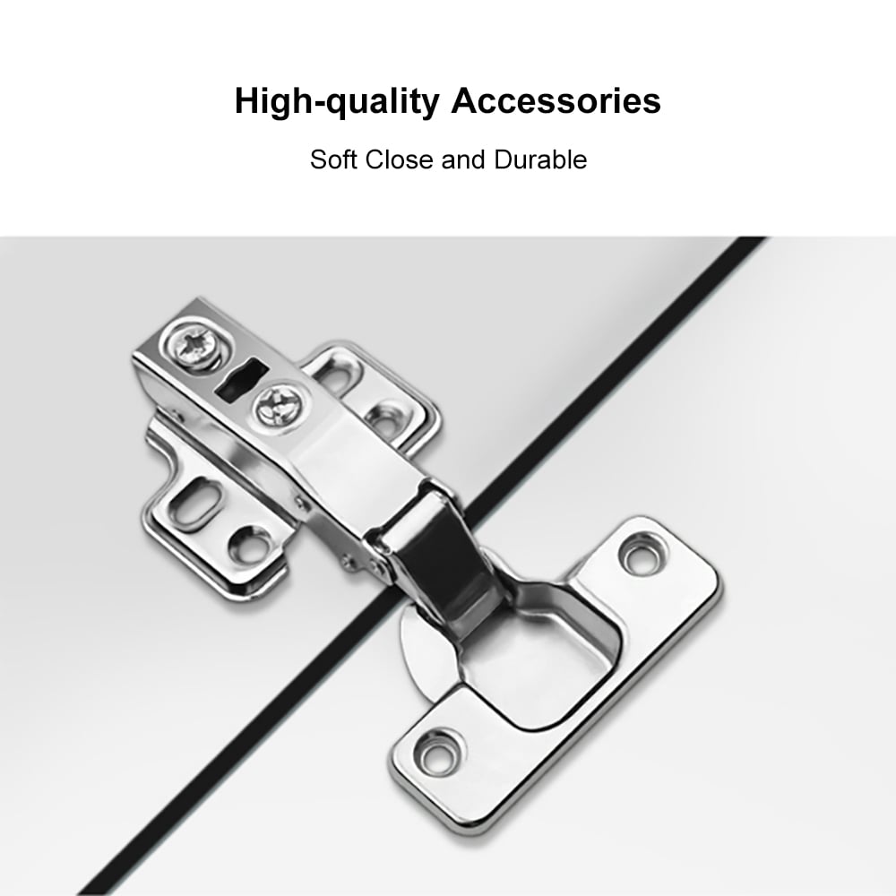Metal cabinet hinge on a white background with text 'High-quality Accessories' and 'Soft Close and Durable'.