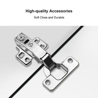 Metal cabinet hinge on a white background with text 'High-quality Accessories' and 'Soft Close and Durable'.