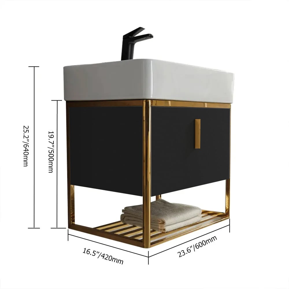 Bathroom vanity with white sink and gold frame, showing dimensions on a white background