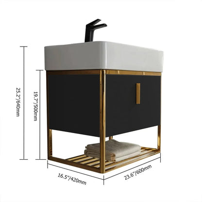 Bathroom vanity with white sink and gold frame, showing dimensions on a white background