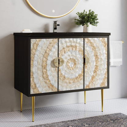Decorative cabinet with marble-like design on doors in a room setting.