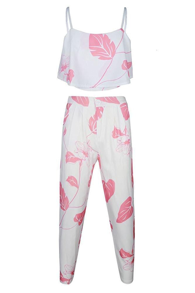 Pink Mottled Print Flounced Crop Top & Pant Set