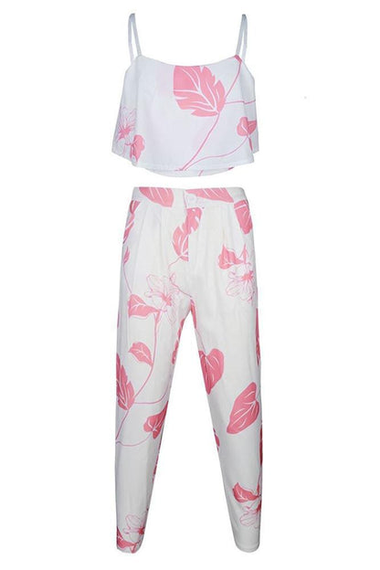Pink Mottled Print Flounced Crop Top & Pant Set