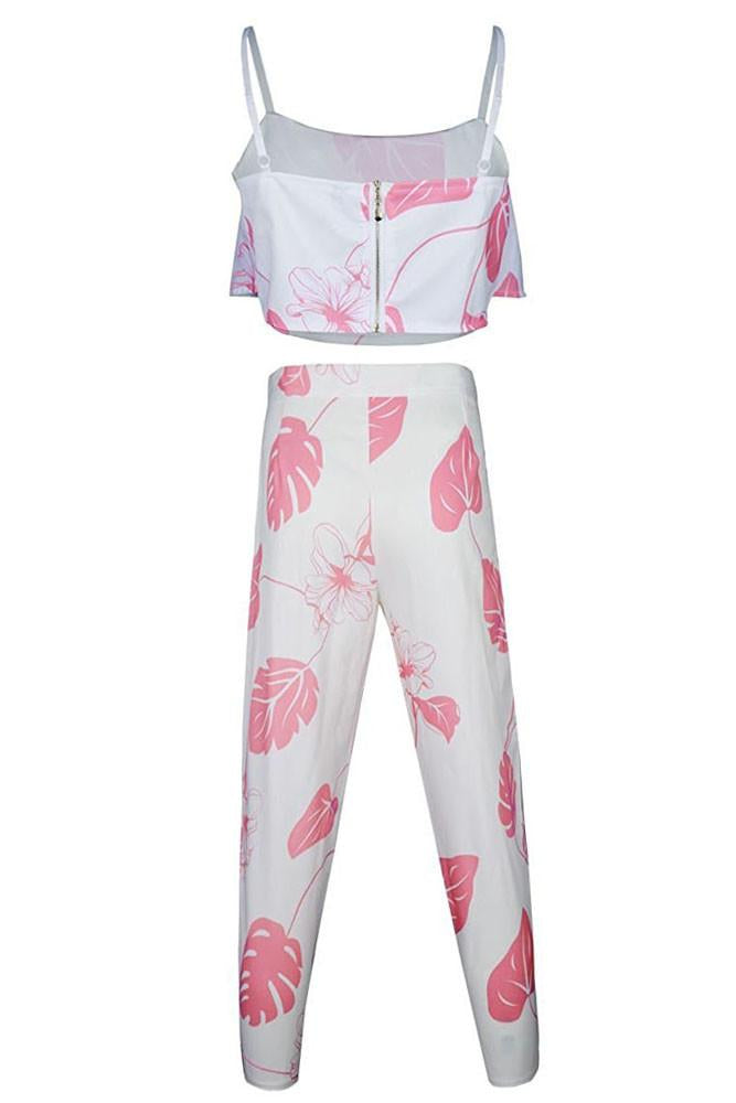 Pink Mottled Print Flounced Crop Top & Pant Set