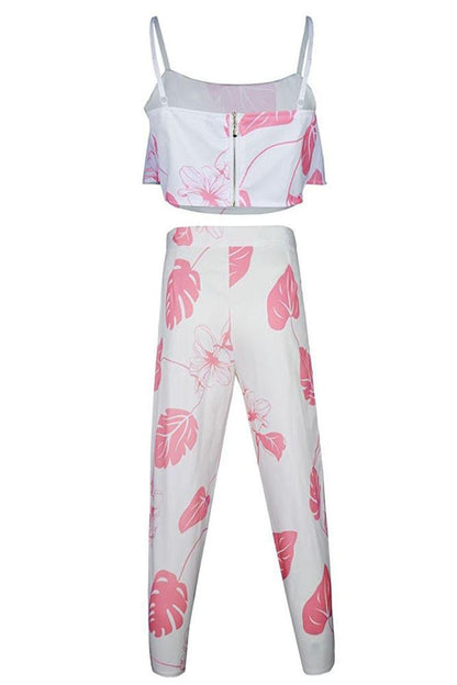 Pink Mottled Print Flounced Crop Top & Pant Set