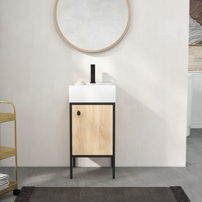 Bathroom vanity with wooden cabinet and white countertop against a light gray wall.