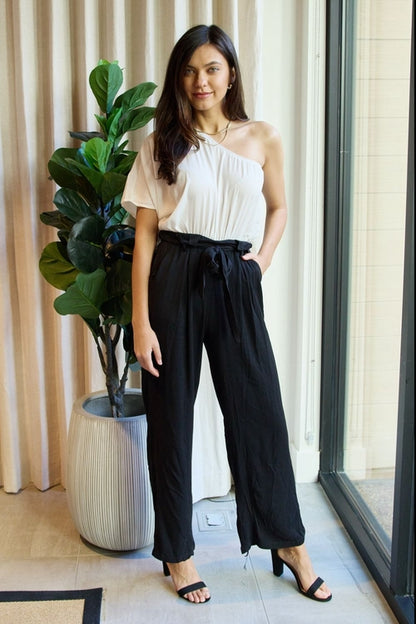 Marvelous in Manhattan One-Shoulder Two-Tone Jumpsuit