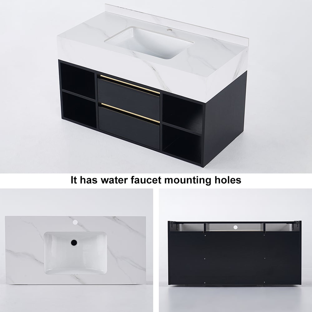 Bathroom vanity with water faucet mounting holes highlighted