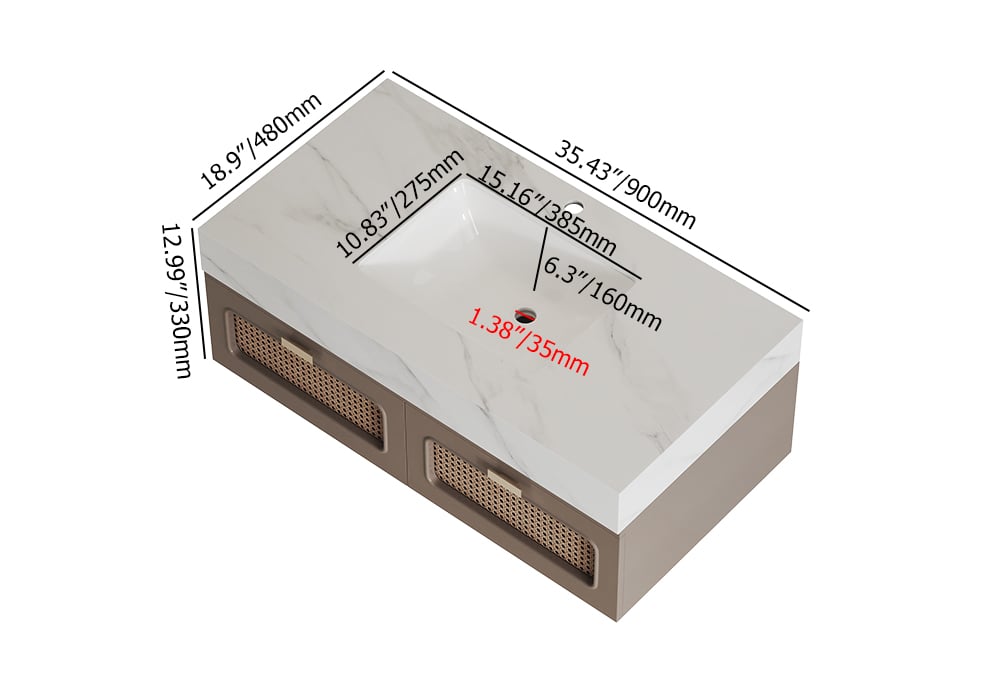35" Floating Single Bathroom Vanity with Faux Marble Top Rattan Door
