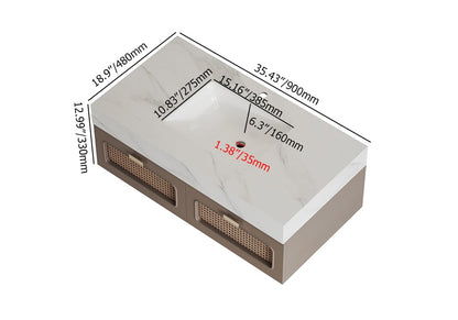35" Floating Single Bathroom Vanity with Faux Marble Top Rattan Door