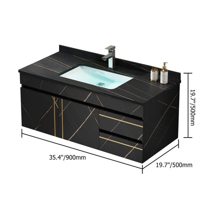Black marble vanity with sink and dimensions on a white background