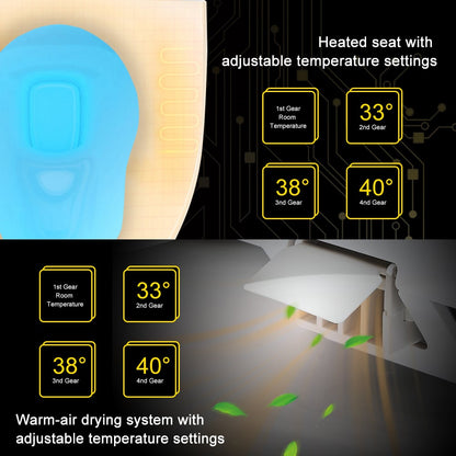 Heated seat with adjustable temperature settings and warm-air drying system on a black background.