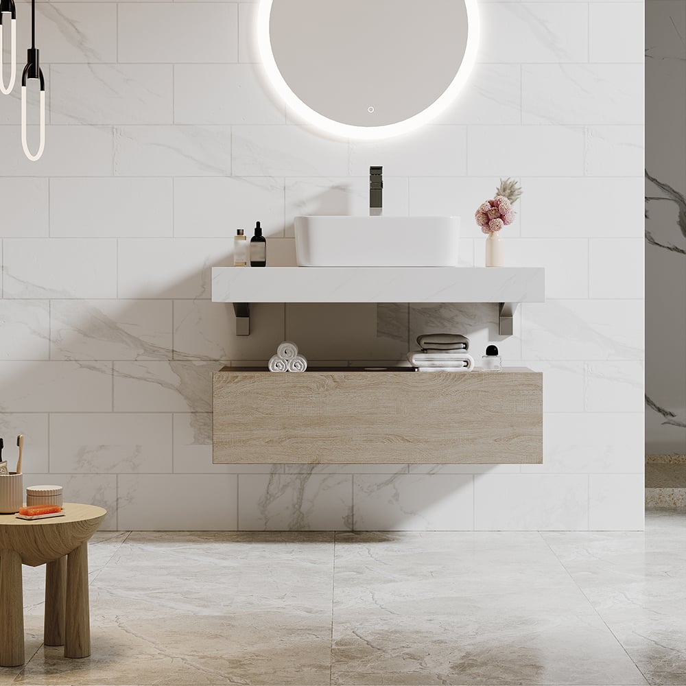 Bathroom Vanity Set 35.4" Modern Floating Bathroom Vanity White and Natural with Sink