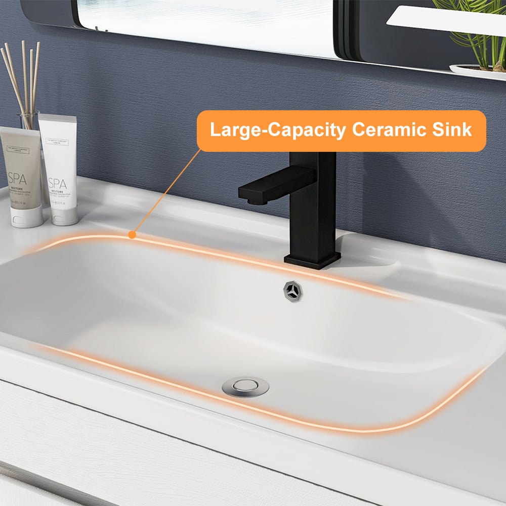 Bathroom sink with black faucet and 'Large-Capacity Ceramic Sink' label