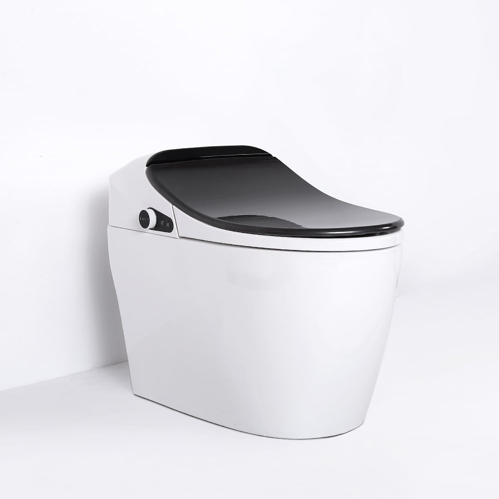 Modern white toilet with black seat on a white background