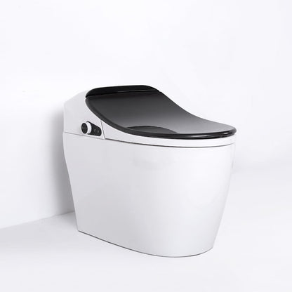 Modern white toilet with black seat on a white background